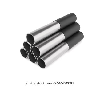 3d render of a bundle of stainless steel pipes with matte black coating on one side. Industrial materials arranged neatly on white background, ideal for manufacturing or construction presentations.