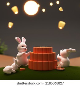 3D Render Of Bunnies or Rabbits, Mooncake, Exquisite Full Moon for Mid Autumn Festival Background. - Powered by Shutterstock