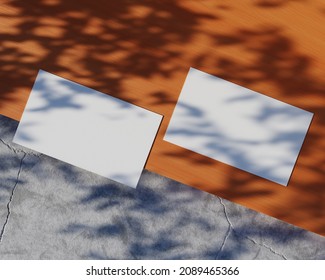 3d Render Business Card Mock Up With Wood And Concrete Material Background And Leaf Shadow