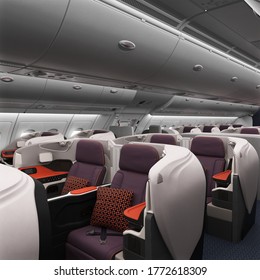 3D render of Business Class Cabin with safe comfortable seats for travelling on a passenger airplane