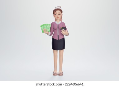 3d render. Business finance and employment entrepreneur and money concept successful pleased businesswoman earn cash smiling with satisfaction showing dollars and credit card - Powered by Shutterstock