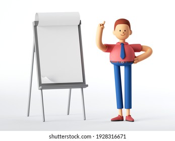 3d render. Businessman cartoon character stands near the presentation board. Blank business mockup. Conference speaker clip art isolated on white background