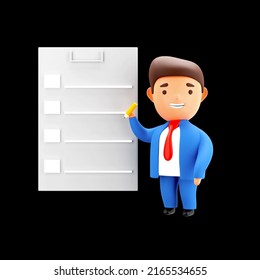 3D Render Of Businessman Editing List On Black Background.