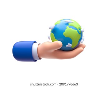 3d Render. Businessman Holding In Hand With Global Connection Concept. Businessman Holding In Hand With Global Connection Concept On A White Isolated Background. Save Earth. Environment Concept