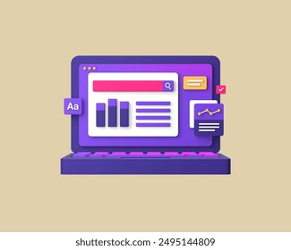 3D render of businessman or office employee working on laptop with infographic data analysis and bar chart information for UI UX web mobile apps social media design - Powered by Shutterstock