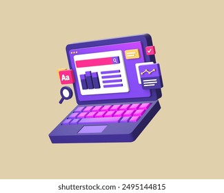 3D render of businessman or office employee working on laptop with infographic data analysis and bar graph information for UI UX web mobile apps social media design - Powered by Shutterstock