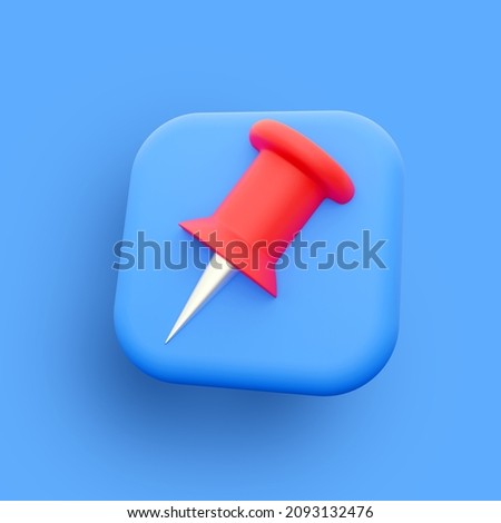 3D render button icon red push pin isolated on blue background. Thumbtack. 3D render button icon illustration.