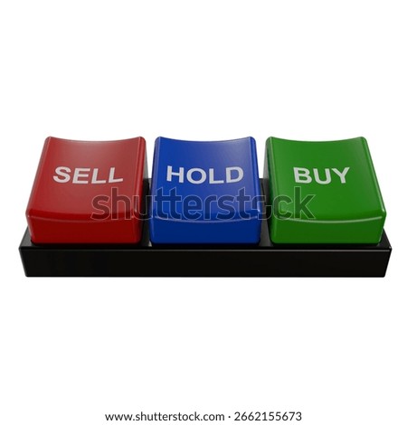 3D render buttons keyboard labeled SELL, HOLD, and BUY, symbolizing stock market or cryptocurrency trading decisions on a white background.