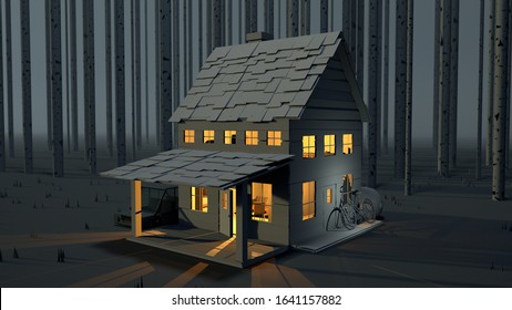 3D Render Of Cabin In The Woods At Night. Warm Lights Glowing From This Welcoming Fall/ Winter Scene. 