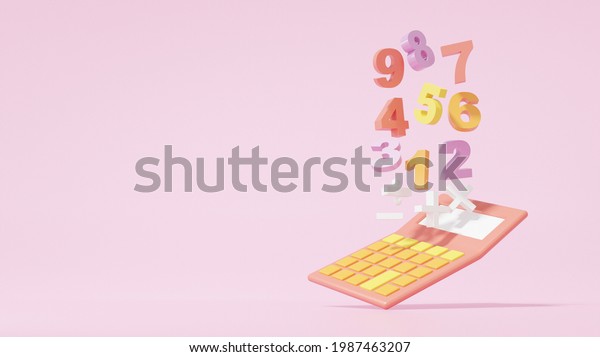 3d render calcucator and basic math operation symbols\
math, plus, minus, multiplication, number divide on pink\
background. Mathematic learning education concept. minimal cartoon\
style. banner 