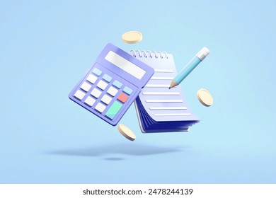 3D Render of Calculator, Notepad, Pencil, and Coins - Financial Planning and Budgeting Concept