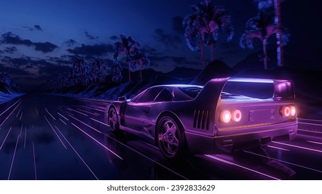 3d render Car and background neon retro wave 80s style. 3D Illustration