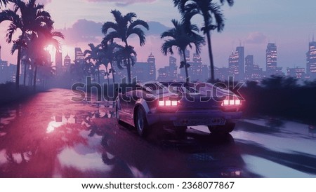 3d render car driving on wet asphalt in retro style at sunset. 3D Illustration
