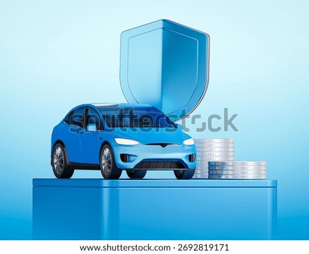 3D render of a car protected by shield and glowing lines, symbolizing digital auto insurance, smart vehicle protection, and secure mobility.
