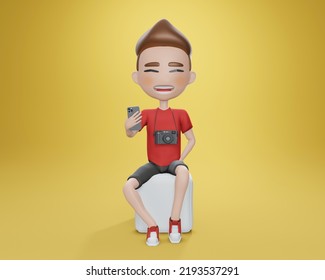 3d Render Cartoon Boy Character In  Red Shirt And Black Pant , Sitting In Chair  , Boy Holding Up Cellular Phone And Smiling