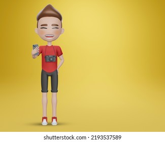 3d Render Cartoon Boy Character In  Red Shirt And Black Pant   , Boy Holding Up Cellular Phone And Smiling