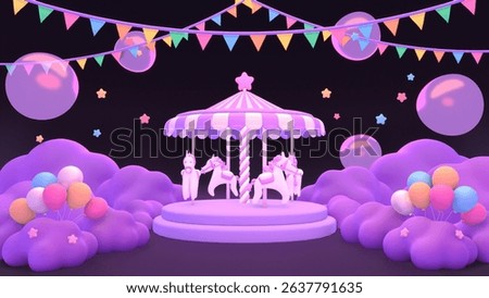 3D render cartoon carousel balloons party night.
