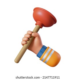 3d render, cartoon caucasian human hand holds plunger. Professional plumber. Toilet cleaning service icon, clip art isolated on white background
