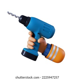 3d render, cartoon caucasian human hand holds blue electric drill. Professional builder with equipment. Construction tool icon. Renovation service clip art isolated on white background - Powered by Shutterstock