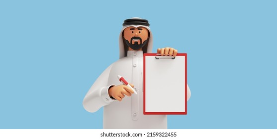 3d render, cartoon character arab man with beard wears traditional white clothes, holds pen and clipboard with blank paper. Business clip art isolated on light blue background. Agreement concept - Powered by Shutterstock