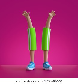 3d render cartoon character body parts. Hands and legs isolated on pink background. Physical activity at home, indoor fitness exercise routine. Funny toy, surrealistic clip art, sport motivation