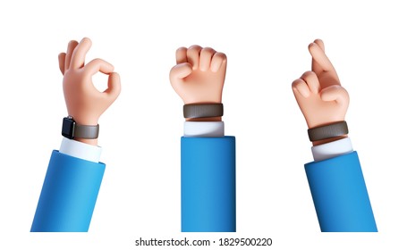 3d Render, Cartoon Character Businessman Hands Assorted Gestures: Okay, Fist, Crossed Fingers. Business Clip Art Set Isolated On White Background