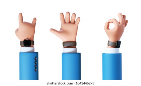 3d Render, Cartoon Character Businessman Hands Assorted Gestures: Rock, Palm, Okay. Business Clip Art Set Isolated On White Background