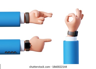 3d Render, Cartoon Character Businessman Hands Assorted Gestures: Crossed Fingers, Pointing Finger, Okay. Business Clip Art Set Isolated On White Background