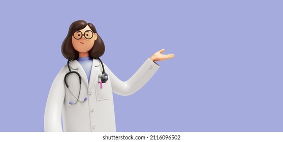 3d render. Cartoon character caucasian woman doctor wears glasses and uniform. Medical clip art isolated on blue violet background. Health care consultation, medical science - Powered by Shutterstock