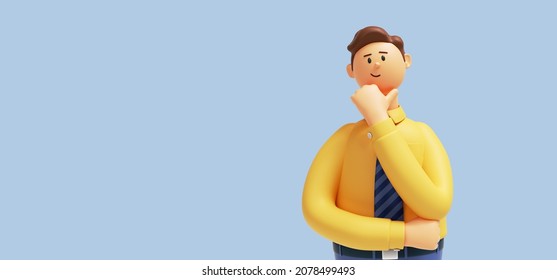 3d render. Cartoon character cute young man isolated on blue background. Serious guy thinking pose. Caucasian male wears yellow shirt and blue tie. Problem and doubt concept