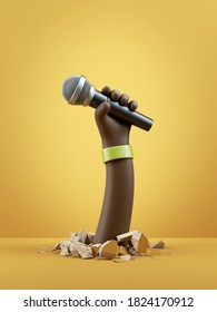 3d render, cartoon character dark skin tone hand holds microphone. Rock concert clip art isolated on yellow background