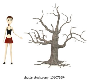 3d render of cartoon character with dead tree