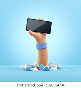 3d Render, Cartoon Character Hand Holds Black Glossy Smart Phone Mockup With Blank Screen. Clip Art Isolated On Light Blue Background