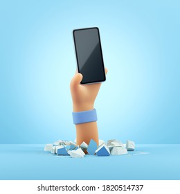 3d Render, Cartoon Character Hand Holds Black Glossy Smart Phone Mockup With Blank Screen. Clip Art Isolated On Light Blue Background