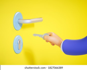 3d Render, Cartoon Character Hand Holds The Key, Trying To Open The Door. Property Owner, Access To The Closed Room. Clip Art Isolated On Yellow Background