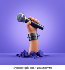 3d render, cartoon character hand holds microphone. Rock concert clip art isolated on violet background - Powered by Shutterstock