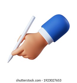 3d Render. Cartoon Character Hand Holds Pencil Or Digital Pen. Writing Or Drawing Icon. Business Clip Art Isolated On White Background.