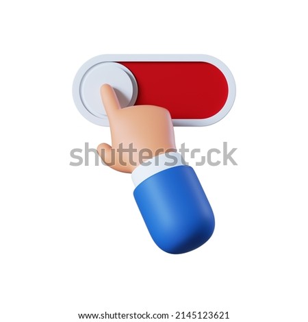 3d render, cartoon character hand touches slider button, slide bar, on off switcher icon isolated on white background