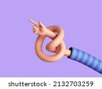 3d render, cartoon character knotted hand shows direction with pointing finger. Attention concept. Flexible arm funny clip art isolated on violet background