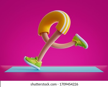 3d render cartoon character legs run, training routine on blue mat, physical activity at home, flexible body parts isolated on pink background. Funny toy, surrealistic clip art, sport motivation