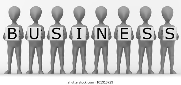 3d render of cartoon character with letters - business