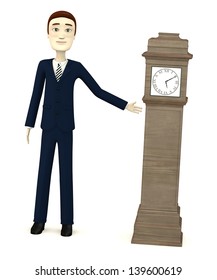 3d render of cartoon character with old clock