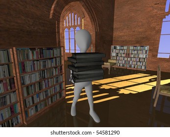 3d render of cartoon character with old library