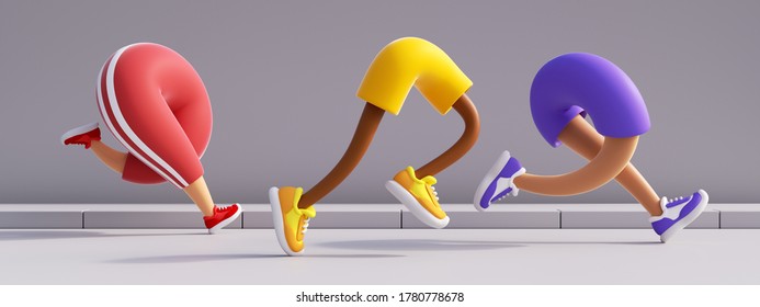 3d render. Cartoon character running legs. Jogging athletes wearing colorful sportive clothes and shoes. Sport illustration of marathon contestants