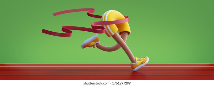 3d render cartoon character runs. Athlete crosses finish line, stadium track, waving red ribbon. The fastest runner wins - Powered by Shutterstock