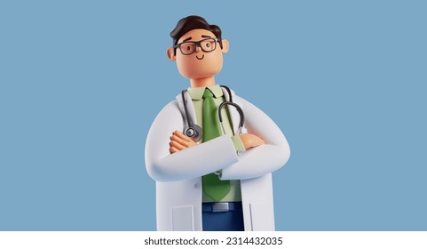 3d render, cartoon character smart confident trustworthy doctor wears glasses and looks at camera. Proud professional caucasian male specialist. Medical clip art isolated on blue background - Powered by Shutterstock