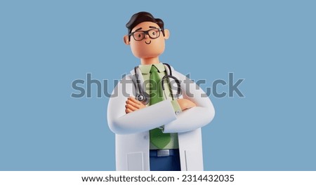 3d render, cartoon character smart confident trustworthy doctor wears glasses and looks at camera. Proud professional caucasian male specialist. Medical clip art isolated on blue background