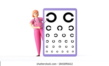 3d Render, Cartoon Character Woman Doctor Wears Pink Uniform And Glasses. Eye Test, Vision Check Up. Medical Clip Art Isolated On White Background.