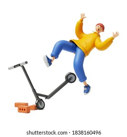 3d render, cartoon character young man wears yellow hoodie and blue trousers, falls from electric kick scooter. Modern urban transport crush, clip art isolated on white background