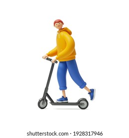 3d render, cartoon character young man wears yellow hoodie and blue trousers, rides electric kick scooter. Urban transportation clip art isolated on white background